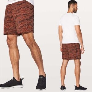 $68 Lululemon Pace Breaker Short 9" Tiger camo orange black, Men’s Medium